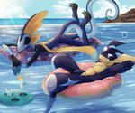 alcohol anthro arm_over_edge arms_bent athletic athletic_anthro athletic_male bent_legs beverage biped black_eyes blue_sky brown_eyes butt calves_up cloud cocktail cocktail_garnish curled_tail day detailed_background donut_pattern donut_pool_toy donut_print drink_float drinking_straw duo floatie floating food_pool_toy food_print fruit_slice glint half-closed_eyes hand_over_edge hands_behind_head hands_in_water ice_cube inflatable inflatable_drink_holder inflatable_ride inflatable_support inner_tube jewelry legs_in_water legs_over_edge light long_tail looking_at_viewer lying lying_on_pool_toy male narrowed_eyes necklace nude on_back on_front on_pool_toy on_swim_ring open_mouth orange_slice outside over_edge partially_submerged pattern_pool_toy pool_float pool_toy print_floatie print_pool_toy raised_arms raised_calf refraction relaxing sea seascape seaside skinny skinny_anthro skinny_male sky spread_legs spreading summer sunlight swim_ring swimming_pool tail water wavy_tail donutella nintendo pokemon fan_character flash_(donutella) rene_(donutella) generation_6_pokemon generation_8_pokemon greninja inteleon pokemon_(species) absurd_res hi_res shaded