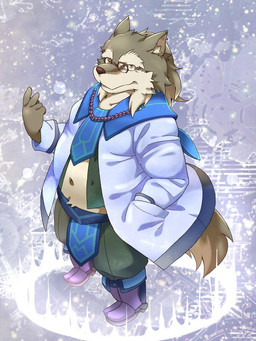 anthro belly clothed clothing eyewear fur glasses grey_body grey_fur humanoid_hands kemono male navel overweight overweight_male solo nikiciy canid canine canis mammal wolf 2015 3:4