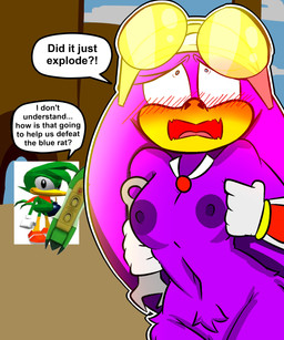 accessory anthro areola beak blue_eyes blush bomb breasts clothing dialogue duo explosives eyewear female front_view genitals gloves goggles green_body handwear headband hoverboard jewelry looking_up male navel necklace nipples nude outside purple_body speech_bubble text tools vulva wrench bell-thing sega sonic_riders sonic_the_hedgehog_(series) bean_the_dynamite wave_the_swallow accipitrid accipitriform avian bird hirundinid oscine passerine swallow_(bird) 5:6 absurd_res english_text hi_res