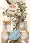 anthro bathroom black_sclera blush brown_body brown_fur fur green_eyes looking_at_viewer male solo striped_body striped_fur stripes tail towel towel_only wet wet_body wet_fur kouga0225 lifewonders tokyo_afterschool_summoners seth_(tas) canid canine canis jackal mammal 2024 absurd_res hi_res