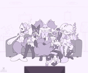 ambiguous_gender anthro breasts cheek_tuft choice_band claws container cup electronics eyelashes eyes_closed facial_tuft featureless_breasts female finger_claws food fur group hair half-closed_eyes inner_ear_fluff jewelry lamp narrowed_eyes navel necklace open_mouth pawpads paws sleeping tail television tuft razgrizdl nintendo pokemon avery_(razgrizdl) krys_(razgrizdl) miko_(razgrizdl) rose_(razgrizdl) canid canine delphox felid feline generation_4_pokemon generation_6_pokemon generation_7_pokemon generation_8_pokemon generation_9_pokemon hisuian_form hisuian_zoroark lucario mammal meowscarada pokemon_(species) primarina regional_form_(pokemon) sneasler 2025 6:5 hi_res monochrome signature female_(lore)