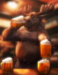 alcohol anthro arm_tuft beer beer_mug belly belly_tuft belt beverage biceps big_belly blurred_background bottomwear cellar chest_tuft clothed clothing drinking_beer elbow_tuft facial_hair furniture looking_at_viewer male manly mature_male musclegut muscular navel nipples obese offering_beverage overweight pants pants_only pecs slightly_chubby solo standing table topless triceps tuft bullstorm ivan_(hefthaven) deer mammal moose new_world_deer 2020 hi_res