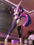 anthro anthrofied boombox bra butt clothing electronics exercise eyes_closed female footwear horn shoes solo sports_bra stretching tail tight_clothing underwear workout workout_clothing shadowboltsfm friendship_is_magic hasbro my_little_pony mythology twilight_sparkle_(mlp) equid equine mammal mythological_creature mythological_equine unicorn 3:4 3d_(artwork) absurd_res digital_media_(artwork) hi_res