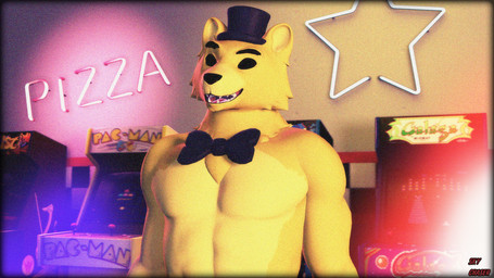 anthro arcade bare_chest black_eyes bow_tie clothing fur hat headgear headwear male multicolored_body multicolored_fur muscular muscular_male neon_lights retro smile solo top_hat sky_chaser five_nights_at_freddy's scottgames golden_freddy_(fnaf) bear mammal 16:9 3d_(artwork) digital_media_(artwork) film_grain hi_res source_filmmaker_(artwork) widescreen