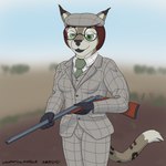 anthro blurred_background clothing double_barrel_shotgun eyewear female flat_cap glasses gun hat headgear headwear hunting left-handed necktie pose ranged_weapon shotgun solo suit three_piece_suit weapon panzerschreckleopard bridgette_o'shane canid canine canis domestic_dog felid feline hunting_dog lynx lynxuki mammal saluki sighthound 1:1 2021 absurd_res hi_res