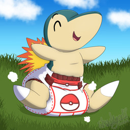 ambiguous_gender anthro blue_body clean_diaper clothed clothing cloud cloud_emanata detailed_background diaper diaper_only diaper_puff emanata fire grass happy heart_symbol multicolored_body neonate open_mouth open_smile outstretched_arms plant sitting sky smile solo tan_body text topless two_tone_body wearing_diaper young shadyadi nintendo pokemon cyndaquil generation_2_pokemon pokemon_(species) 1:1 2024 artist_name digital_media_(artwork) full-length_portrait hi_res portrait signature