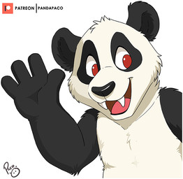 anthro black_body black_fur fangs front_view fur glistening glistening_eyes logo looking_at_viewer male male_anthro nude open_mouth open_smile overweight overweight_anthro overweight_male patreon_logo red_eyes simple_background smile solo teeth white_background white_body white_fur young young_anthro young_male pandapaco patreon bear giant_panda mammal artist_logo signature