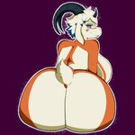 anthro big_breasts big_butt blue_eyes breasts butt female fur hair horn multicolored_body multicolored_hair orange_body orange_fur short_hair sitting smile solo text two_tone_body two_tone_hair white_body white_fur angie_pretzel bovid caprine goat mammal 1:1 absurd_res english_text hi_res tagme