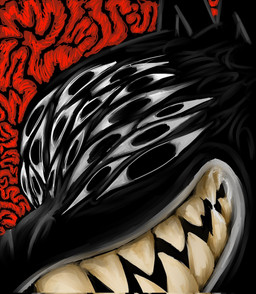 abstract_background ambiguous_gender black_body black_eyes feral multi_eye sharp_teeth smile solo teeth text puppy_meats canid canine canis domestic_dog eye_creature mammal 2025 artist_name headshot_portrait hi_res portrait