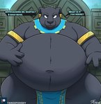 anthro belly belly_focus big_belly black_body black_fur chair dungeon ear_piercing ear_ring fur furniture jewelry male melanistic moobs piercing pyramid ring_piercing solo temple throne tribal tanio djindu_(tanio) felid jaguar mammal pantherine hi_res