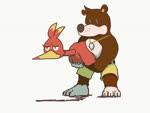 anthro beak blue_eyes brown_body brown_fur duo feathers female fur humor male red_body red_feathers short iro_gomasio banjo-kazooie rareware banjo_(banjo-kazooie) kazooie avian bear bird mammal 4:3 animated no_sound short_playtime webm