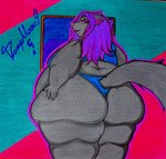 anthro bedroom_eyes belly big_belly big_butt butt butt_focus clothed clothing double_chin fat_arms fat_rolls female looking_at_viewer narrowed_eyes obese obese_anthro obese_female overweight overweight_anthro overweight_female rear_view seducing_viewer seductive skimpy smile solo tail thick_thighs tight_clothing wide_hips rainymoon9 roxy_(rainymoon9) canid canine canis mammal wolf hi_res story story_in_description traditional_media_(artwork)