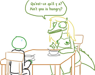 anthro breasts chair dialogue duo female food furniture nipples sitting table text the_weaver monstro_village anon caimon alligator alligatorid crocodilian human mammal reptile scalie english_text french_text translated