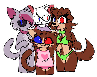 ambiguous_gender anthro bikini clothing collar eyewear glasses group group_photo heterochromia partial_nudity rumor_(arsononymous) swimwear tummy_nipples two-piece_swimsuit whiskey_(arsononymous) young roomwithavoid lyla_(arsononymous) scribbles_(arsononymous) ambiguous_species canid canine canis domestic_cat domestic_dog felid feline felis mammal half-length_portrait portrait sibling_(lore)