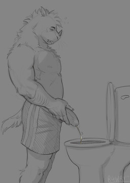 anthro arm_hair bodily_fluids body_hair bottomwear clothed clothing eyes_closed falling_asleep foreskin genital_fluids genitals glans male male_peeing muscular muscular_anthro muscular_male nasal_horn nipples pattern_clothing peeing penis penis_grab pulled_down_shorts shorts simple_background solo standing striped_clothing stripes teeth tired toilet tongue tongue_out topless topless_anthro topless_male urine urine_stream vein veiny_penis watersports whiskers r4wry rory_(noirenard) hybrid mammal unknown_species 2026 hi_res sketch