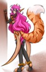 anklet armor blue_eyes claws clothed clothing dipstick_tail female fur hair inner_ear_fluff jewelry long_hair looking_at_viewer looking_back looking_back_at_viewer markings orange_body orange_fur pink_hair solo tail tail_markings tuft autumnology noricragma alfreda_fliss animal_humanoid canid canid_humanoid canine canine_humanoid felid felid_humanoid fox_humanoid humanoid hybrid mammal mammal_humanoid pantherine pantherine_humanoid tiger_humanoid hi_res