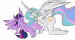 anthro anthrofied bite biting_lip biting_own_lip breasts butt crown cutie_mark duo equid equine feathered_wings feathers female friendship_is_magic frumplechuck fur hair hasbro headgear hi_res horn leaning leaning_backward lips mammal multicolored_hair my_little_pony mythological_creature mythological_equine mythology nipples nude princess_celestia_(mlp) purple_body purple_eyes purple_fur purple_hair self_bite simple_background sitting twilight_sparkle_(mlp) two_tone_hair white_body white_fur winged_unicorn wings