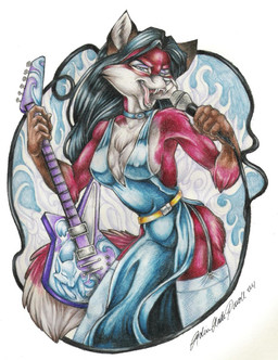 anthro clothing dipstick_tail dress electric_guitar electronics fangs female guitar legwear markings microphone musical_instrument nipple_outline plucked_string_instrument simple_background singing slit_dress solo stockings string_instrument tail tail_markings teeth toony shadowraine cassie_the_rock_vixen canid canine fox mammal detailed