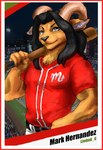 2_horns anthro baseball_bat bat_(object) belt black_belt black_hair black_nose clothing fur grey_eyes hair horn long_hair male male/male markings mexican orange_body orange_fur red_clothing red_shirt red_t-shirt red_topwear shirt solo spots spotted_body stadium t-shirt topwear limbo6_6 bovid caprine goat mammal