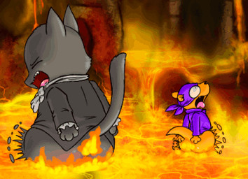 ambiguous_gender anthro big_butt bottomless burning butt butt_on_fire clothed clothing duo eyes_closed fire hand_on_butt kerchief lava open_mouth pain raised_tail tail fifybear domestic_cat felid feline felis mammal mustelid musteline true_musteline weasel 2d_animation animated animated_gif loop low_res short_playtime