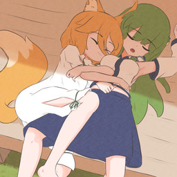 armwear blonde_hair blue_bottomwear blue_clothing blue_skirt bottomwear breasts clothed clothed_female clothed_human clothed_humanoid clothing cuddling detached_sleeves dipstick_tail duo eyebrow_through_hair eyebrows eyes_closed female female/female green_hair hair lying markings on_back on_side outside romper_suit skirt sleeping sleeping_together tail tail_markings translucent translucent_hair white_clothing white_sleeves white_tail_tip yellow_tail kokowoch touhou sanae_kochiya tsukasa_kudamaki animal_humanoid canid canid_humanoid canine canine_humanoid fox_humanoid human humanoid mammal mammal_humanoid hi_res