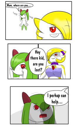 3_panel_comic blonde_hair bodily_fluids clothing collar crying duo eyewear featureless_feet featureless_hands feet female fusion glasses hair innuendo intersex latex pokemon_fusion red_eyes shadow shadowed_eyes speech_bubble tears text topwear tube_top mferite nintendo pokemon daffodil_squeaks_(character) gardevoir generation_3_pokemon humanoid kirlia latex_creature living_latex pokemon_(species) 2020 english_text hi_res