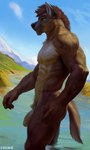 abs anthro black_nose brown_body brown_claws brown_eyebrows brown_eyes brown_fur brown_hair brown_paws casual_nudity claws cloud day detailed_background eyebrows fangs flaccid foreskin fur genitals hair humanoid_genitalia humanoid_penis looking_aside looking_up male muscular muscular_male navel nipples nude outdoor_nudity outside partially_retracted_foreskin partially_submerged pecs penis pubes red_hair river side_view skinny_dipping sky smile solo standing standing_in_water tan_nipples teeth water white_body white_fur white_inner_ear chunie brown_hyena hyena mammal 2022 adobe_photoshop_(artwork) digital_media_(artwork) digital_painting_(artwork) hi_res painting_(artwork)