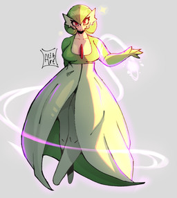 4_fingers biped blush blush_lines breasts clothing dress featureless_feet feet female fingers front_view green_clothing green_hair grey_background hair hand_behind_back looking_at_viewer magic monotone_background red_eyes red_spikes simple_background solo spikes spikes_(anatomy) standing text alihsart nintendo pokemon gardevoir generation_3_pokemon humanoid pokemon_(species) artist_name digital_drawing_(artwork) digital_media_(artwork) hi_res signature