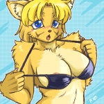 anthro areola areola_slip big_breasts bikini blonde_hair blue_eyes blush bra breasts claws cleavage clothed clothing fangs female hair looking_at_viewer skimpy solo swimwear teasing teeth tongue two-piece_swimsuit underwear ryou al_(ryou) canid canine canis domestic_dog mammal 1:1 digital_media_(artwork) low_res oekaki