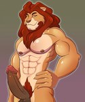 5_fingers abs anthro balls black_eyebrows brown_balls brown_nipples brown_nose brown_penis countershade_fur countershade_torso countershading erection eyebrows fingers fur genitals glistening glistening_body gradient_background looking_at_viewer male mane multicolored_body multicolored_fur muscular muscular_anthro muscular_male navel nipples nude pecs penis pubes red_eyes red_mane red_pubes simple_background solo standing two_tone_body two_tone_fur vein veiny_penis v-mhol disney the_lion_king mufasa felid lion mammal pantherine 2023 half-length_portrait hi_res portrait