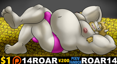 advertisement anthro armpit_hair belly big_belly black_eyes blonde_hair body_hair bulge clothing hair hands_behind_head horn looking_at_viewer lying male mature_anthro mature_male moobs nipples on_back open_mouth open_smile overweight overweight_male pink_clothing pink_underwear smile solo underwear camp14 patreon undertale_(series) asgore_dreemurr bovid caprine goat mammal full-length_portrait hi_res portrait