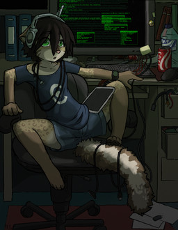 anthro bottomwear cable can caught_in_the_act clock clothing computer container desk desktop digitigrade electronics female flat_chested fluffy fluffy_tail fur furniture green_eyes hacker hair headphones loli looking_at_viewer machine open_mouth shirt shorts sitting solo spread_legs spreading surprised table tablet tablet_computer tail tomboy topwear usb watch young young_anthro young_female domovoi_lazaroth noodle_(domovoi_lazaroth) domestic_cat felid feline felis mammal digital_media_(artwork) shaded