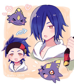 anthro blue_hair blush duo hair hair_over_eye heart_symbol male one_eye_closed purple_body sharp_teeth teeth wink yellow_eyes waka_88000 bandai_namco digimon digimon_beatbreak raito_souda digimon_(species) human mammal monodramon scalie hi_res