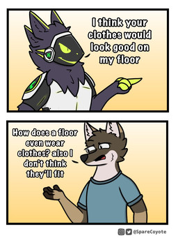 anthro clothed clothing cybernetics dialogue duo eye_contact flirting fur humor looking_at_another machine male purple_body purple_fur screen screen_face talking_to_another text sparecoyote spare_(sparecoyote) canid canine canis coyote cyborg mammal protogen 3:4 comic english_text