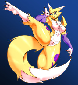 3_toes anthro black_claws black_nails black_sclera blue_background breasts claws colored_nails dipstick_tail feet female female_anthro fingernails fur genitals glistening glistening_body glistening_fur gradient_background long_tail markings medium_breasts motion_lines muscular muscular_female nails navel nipples nude purple_sleeves raised_leg sharp_fingernails sharp_nails simple_background solo spread_legs spreading standing tail tail_markings thick_thighs toe_claws toes vulva white_body white_fur white_tail_tip randomgloves bandai_namco digimon digimon_(species) renamon hi_res
