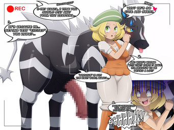 animal_genitalia animal_penis balls bestiality big_balls big_penis black_body black_skin blonde_hair blue_eyes blush breasts camera_view censored_genitalia censored_penis clothed clothing duo equine_genitalia equine_penis erection female feral fur genitals green_eyes hair hat headgear headwear huge_penis interspecies male male/female multicolored_body multicolored_skin open_mouth penile penis pokephilia simple_background size_difference tail text tongue white_body white_fur white_hair white_skin japy7u7 nintendo pokemon bianca_(pokemon) equid equine generation_5_pokemon mammal pokemon_(species) zebstrika 4:3 absurd_res censored english_text hi_res