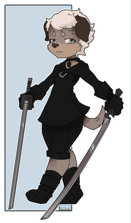 anthro black_clothing blue_eyes bottomwear choker clothing dual_wielding fur grey_body grey_fur hair holding_object holding_weapon jewelry male melee_weapon necklace scar shorts solo sword weapon white_hair young na-nu-na-12 cyberconnect2 fuga:_melodies_of_steel little_tail_bronx britz_strudel canid canine caninu canis dobermann domestic_dog mammal pinscher absurd_res hi_res