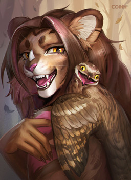 ambiguous_gender anthro beak biped claws duo feathers female feral fingers fur hair looking_at_viewer smile tail teeth tongue whiskers wings coinn8 avian bird felid lion mammal pantherine 2026 digital_drawing_(artwork) digital_media_(artwork) hi_res