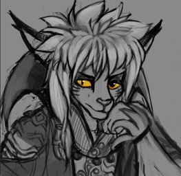 anthro clothed clothing facial_markings facial_stripes front_view glistening glistening_eyes hair head_markings long_hair male markings mouth_closed pupils simple_background slit_pupils solo striped_face stripes unsigned acidic felid mammal bust_portrait partially_colored portrait sketch