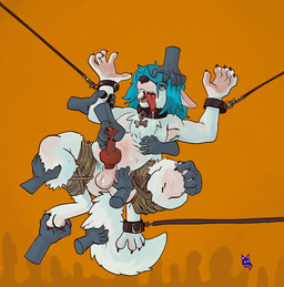 anthro balls bdsm bodily_fluids bondage bound collar disembodied_hand drooling erection genitals grope group knot male penis rope rough_sex rubbing saliva sex solo_focus tongue tongue_out newd anon timbywuff canid canine canis mammal wolf 2017