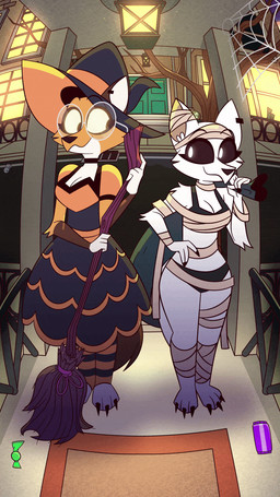 anthro arm_wraps biped black_clothing black_panties black_sclera black_underwear bra breasts broom broom_riding cheek_tuft cleaning_tool clothing dancing duo ear_piercing ear_ring eyelashes eyewear facial_tuft female fluffy fluffy_tail fur glasses hat headgear headwear holidays leg_wraps magic_user moon mummy_costume mummy_wrappings panties piercing ring_piercing tail trick-or-treating tuft underwear upside_down wide_eyed witch witch_costume witch_hat wraps animatedmau halloween other_side chloe_(animatedmau) rey_(animatedmau) arctic_fox canid canine fox mammal mummy true_fox undead 2025 2d_animation animated digital_media_(artwork) hi_res