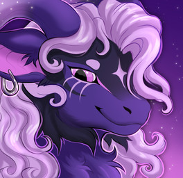 ambiguous_form ambiguous_gender ear_piercing ear_ring fur hair piercing pink_eyes purple_hair ring_piercing smile solo lupinera mythology nera_(lupinera) dragon furred_dragon furred_scalie mythological_creature mythological_scalie scalie headshot_portrait icon portrait purple_theme