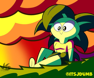 anthro black_eyes bottomwear breasts clothed clothing eyelashes female green_body green_hair hair leaf leaf_hair leaf_skirt light outside plant plant_hair pseudo_hair skirt smile solo sunlight sunset jdone electronic_arts plants_vs._zombies popcap_games umi_(jdone) elemental_creature elemental_humanoid flora_fauna humanoid plant_humanoid umbrella_leaf_(pvz) 2025 digital_media_(artwork) hi_res