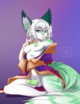 anthro asian_clothing balls biped blue_eyes breasts clothed clothing digital_media_(artwork) dragonfu ear_tuft east_asian_clothing erection eyebrow_through_hair eyebrows eyelashes felid fur genitals green_body green_fur green_highlights green_nipples green_nose green_penis gynomorph hair highlights_(coloring) humanoid_genitalia humanoid_penis intersex japanese_clothing kimono looking_at_viewer mammal minxen multicolored_hair nipples partially_clothed penis pinup pose rabiah seductive shaded sitting smile solo stripes third-party_edit translucent translucent_hair tuft two_tone_hair undressing white_body white_fur white_hair yellow_sclera yokozuwari