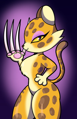 anthro brown_body brown_fur brown_spots chest_tuft claws countershading curvy_figure eyelashes eyeshadow female fur hand_on_hip hourglass_figure long_claws long_tail looking_at_viewer makeup markings multicolored_body multicolored_fur paws purple_background purple_eyes simple_background smile solo spots spotted_body spotted_fur standing tail tan_body tan_fur thick_thighs tuft wide_hips yellow_body yellow_fur yellow_sclera someth1ngoranother kirby_(series) kirby_and_the_forgotten_land nintendo clawroline felid leopard mammal pantherine 2022 absurd_res digital_media_(artwork) hi_res
