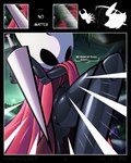 2023 4:5 accident accidental_exposure arthropod black_body cloak clothed clothing comic detailed_background dialogue digital_drawing_(artwork) digital_media_(artwork) english_text female genitals hi_res holding_object holding_weapon hollow_knight hornet_(hollow_knight) humanoid jellli kneeling looking_at_viewer low-angle_view motion_lines no_underwear plant pussy pussy_peek red_cloak red_clothing rock shaded silhouette solo team_cherry text upskirt weapon