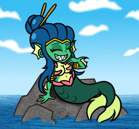 blue_hair breasts cloud day eyes_closed female hair long_hair mostly_nude rock smile solo split_form toony water captainquack64 shantae_(series) wayforward shantae_(mermaid_form) aquatic humanoid merfolk 2023 hi_res