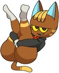 animal_crossing anthro big_butt big_sister_villager blonde_hair blue_ears bottomless brown_body butt clothed clothing digital_media_(artwork) domestic_cat fangs featureless_crotch feet felid feline felis female fur hair hi_res katt_(animal_crossing) legs_up looking_at_viewer mammal nintendo open_mouth simple_background smile solo stripes teeth vilepluff white_background white_feet white_hands yellow_eyes