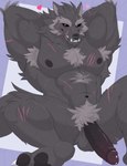 abs anthro armpit_hair armpit_tuft balls biceps big_penis black_sclera blaidd_(elden_ring) bodily_fluids body_hair canid canine canis chest_hair chest_tuft elden_ring erection fangs fromsoftware fur genital_fluids genitals glans grey_body grey_fur hair happy_trail heart_symbol hi_res humanoid_genitalia humanoid_penis isaacyote_(artist) looking_at_viewer male mammal muscular muscular_anthro muscular_male navel nipples nude pecs penis presenting presenting_penis pubes purple_eyes scar simple_background smile solo tail teeth tuft wolf