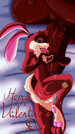 anthro anthro_on_anthro balls bed big_penis bodily_fluids brown_body brown_fur butt flaccid foreskin fur furniture genital_fluids genitals gesture green_eyes half-closed_eyes heart_gesture heart_symbol holidays hugging_penis licking looking_at_viewer lying lying_on_bed male male/male narrowed_eyes nude nude_anthro nude_male offscreen_character offscreen_male on_bed oral pawpads penile penis penis_lick penis_poking_out precum presenting presenting_hindquarters sex simple_background size_difference tail text tongue tongue_on_penis tongue_out vein veins_on_dick veiny_penis ben_d_koopa benediktus_(artist) valentine's_day lagomorph leporid mammal rabbit 2025 absurd_res hi_res watermark